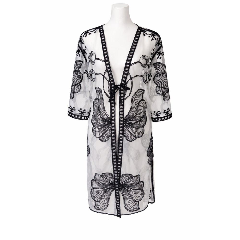 Jessica Taylor Women's Sheer‎ White Black  Lace Cruise Swim Cover-Up One Size